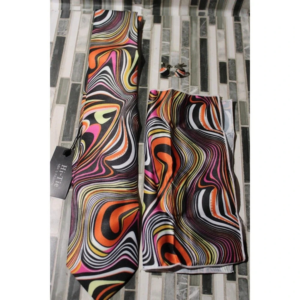 Hi Tie Silk Tie Set 3pcs Wedding Necktie Hankerchief‎ Cufflinks